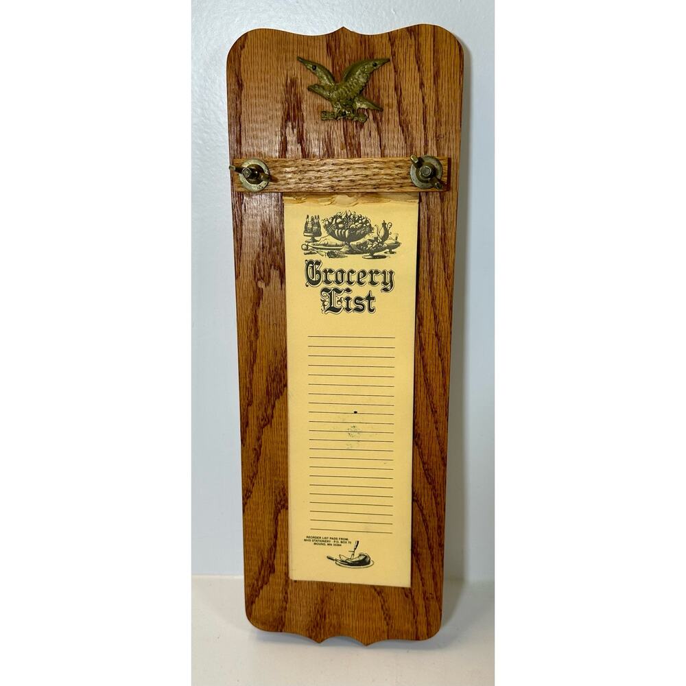 Vintage 1970s Wood Grocery List/Notepad Holder with Metal Eagle Rustic Americana